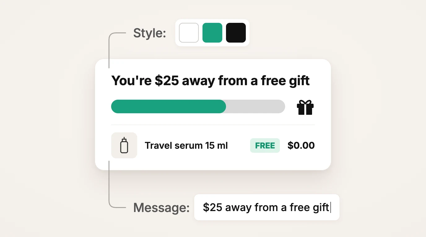 Free gift bar widget settings preview in Discount Prime