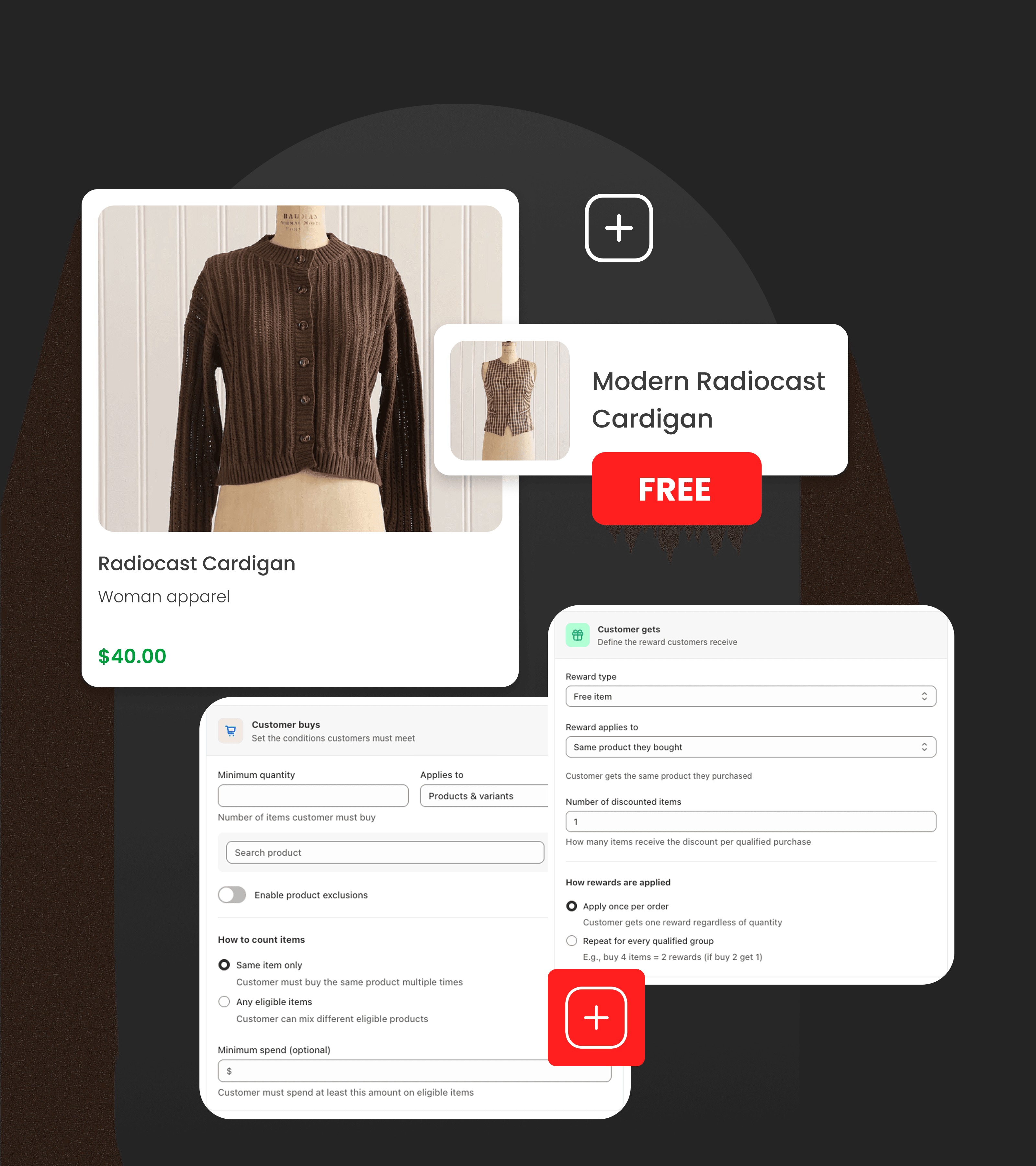 Discount Prime Buy X Get Y setup showing a Radiocast Cardigan with a free reward item and the customer buys and customer gets configuration panels