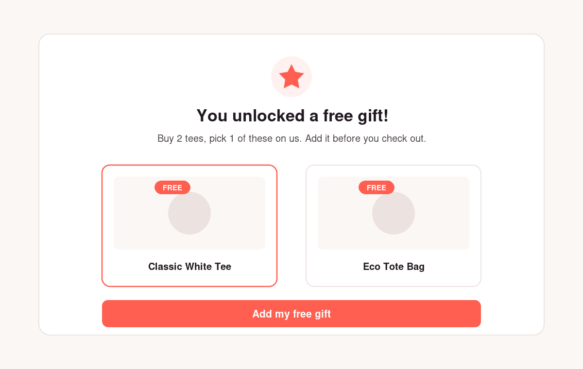 Discount Prime storefront reward pop-up letting a shopper claim a free gift after buying two tees