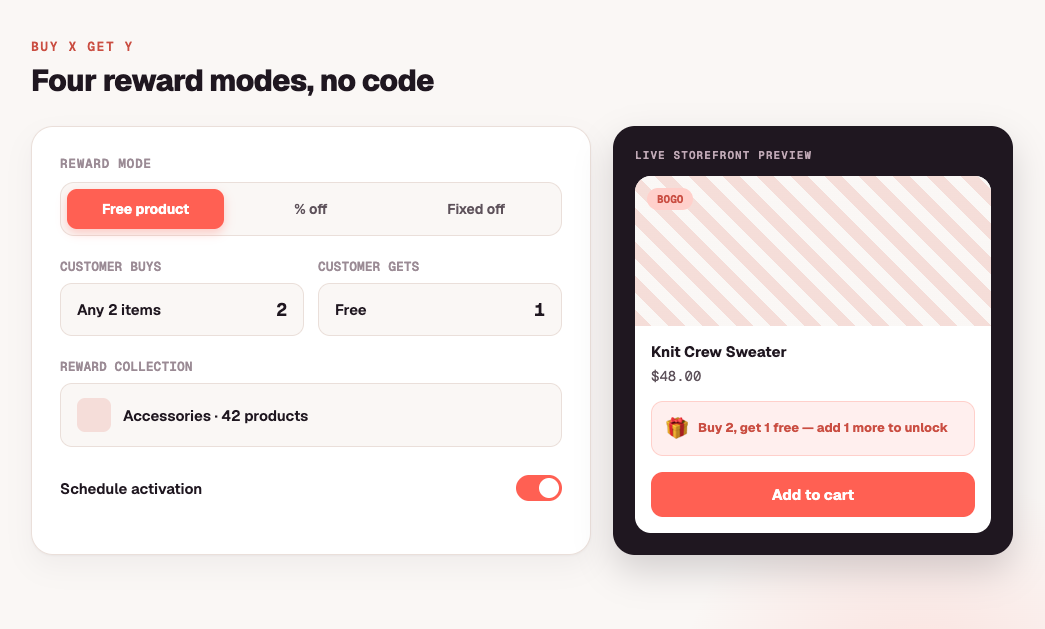 Four reward modes, no code